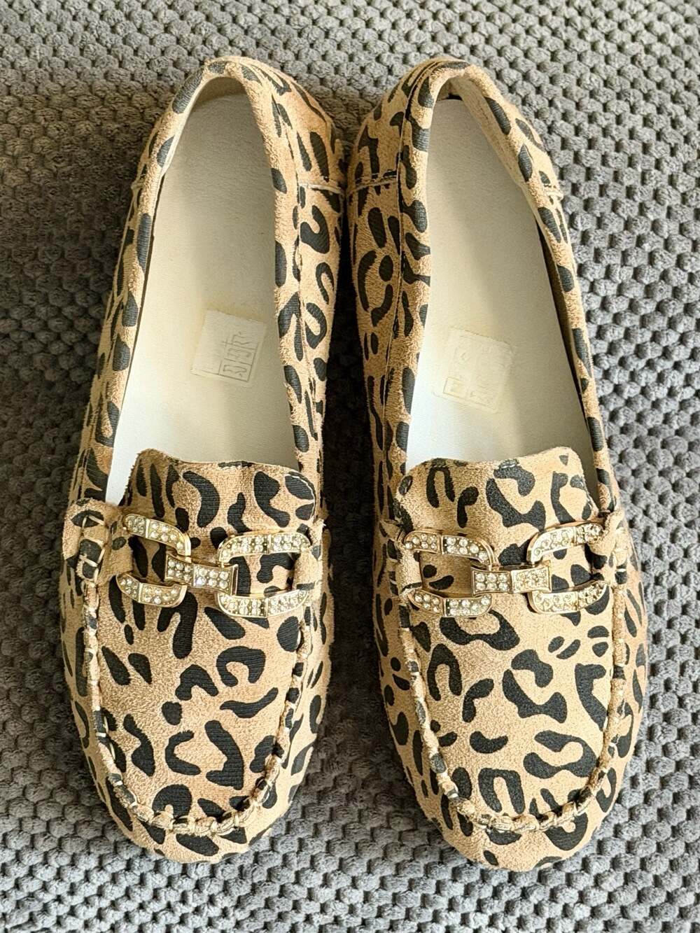 Leopard Print Faux Suede Loafers with Rhinestone Gold-Tone Bit Buckle